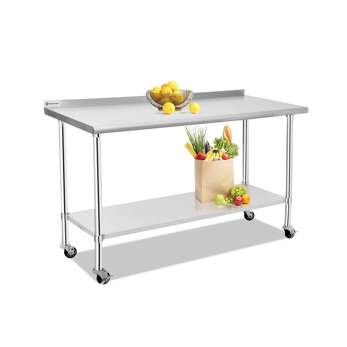 Stainless Steel Table 48 x 24 Inches with Caster Backsplash and Adjustable Undershelf Metal Utility Work Workstations A821