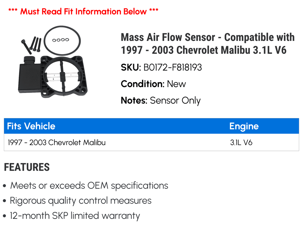 Mass Air Flow Sensor for 1997-2003 Chevy Malibu 3.1L V6 C8600