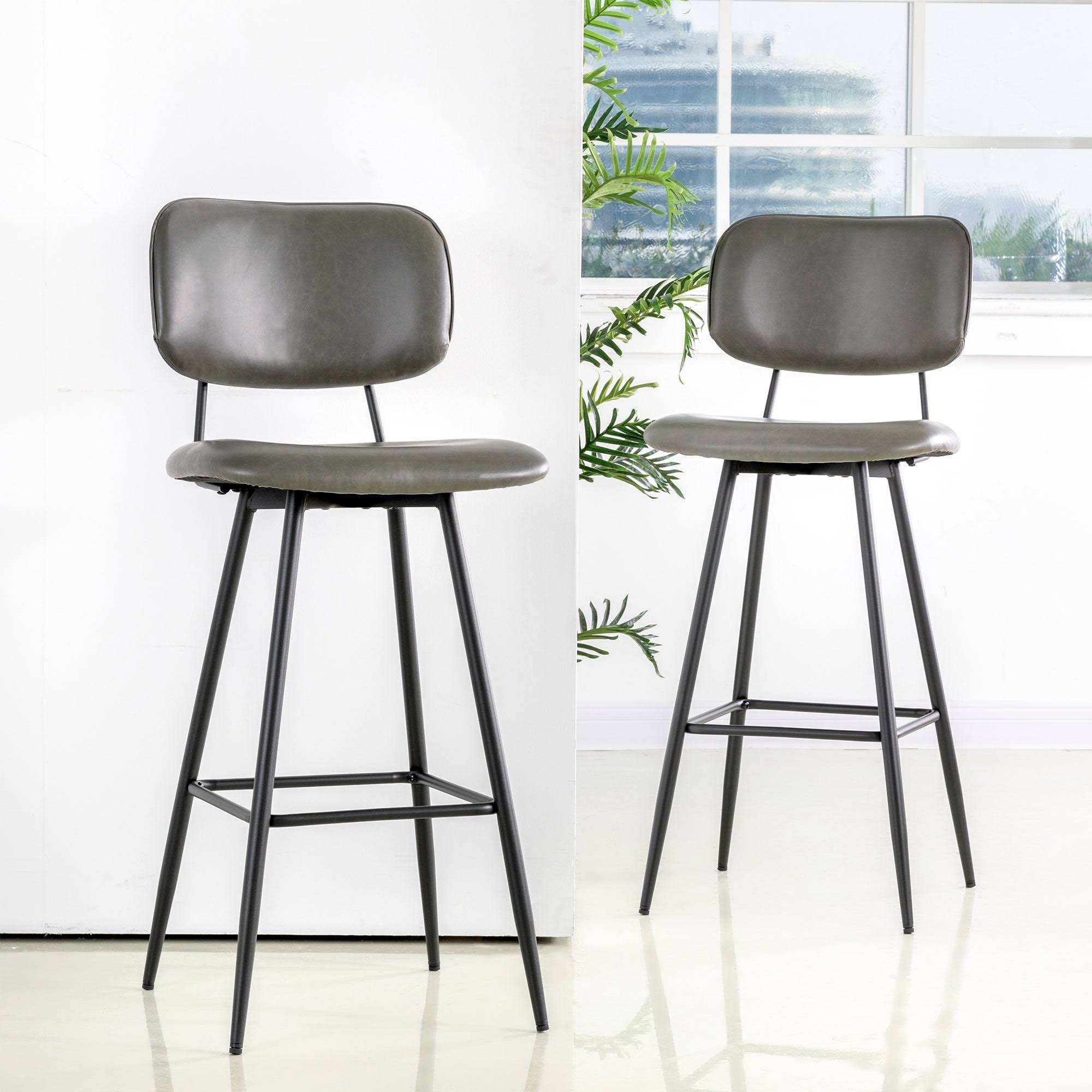 Grey PU Leather Bar Stool with Back, Set of 2 E48462