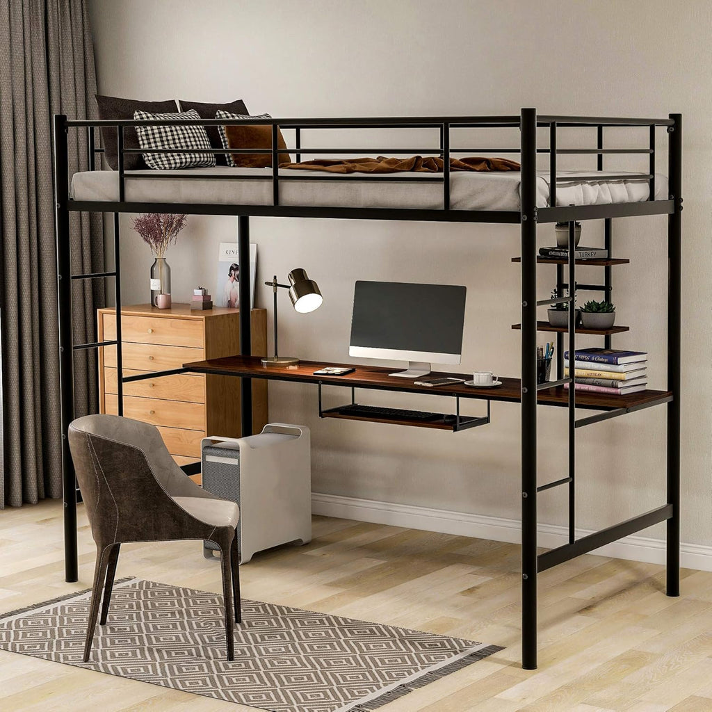Black Twin Loft Bed with Desk and Bookcase T6281