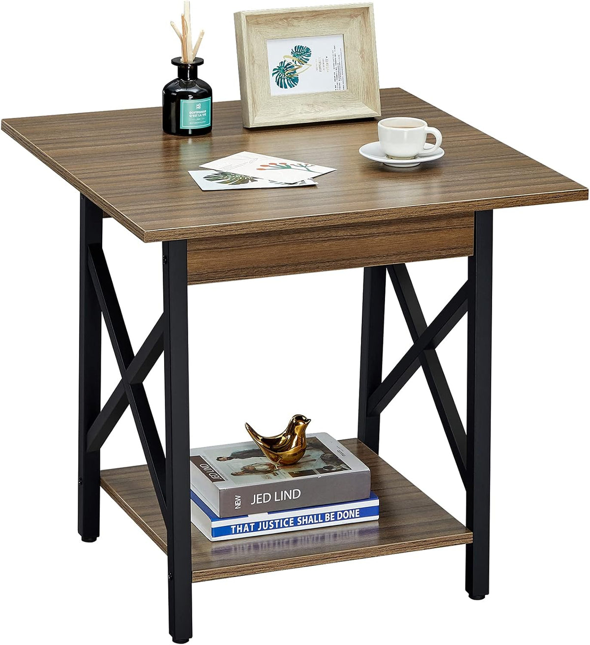 Rustic Walnut Pack of 2 End Table with Storage Shelf R819685