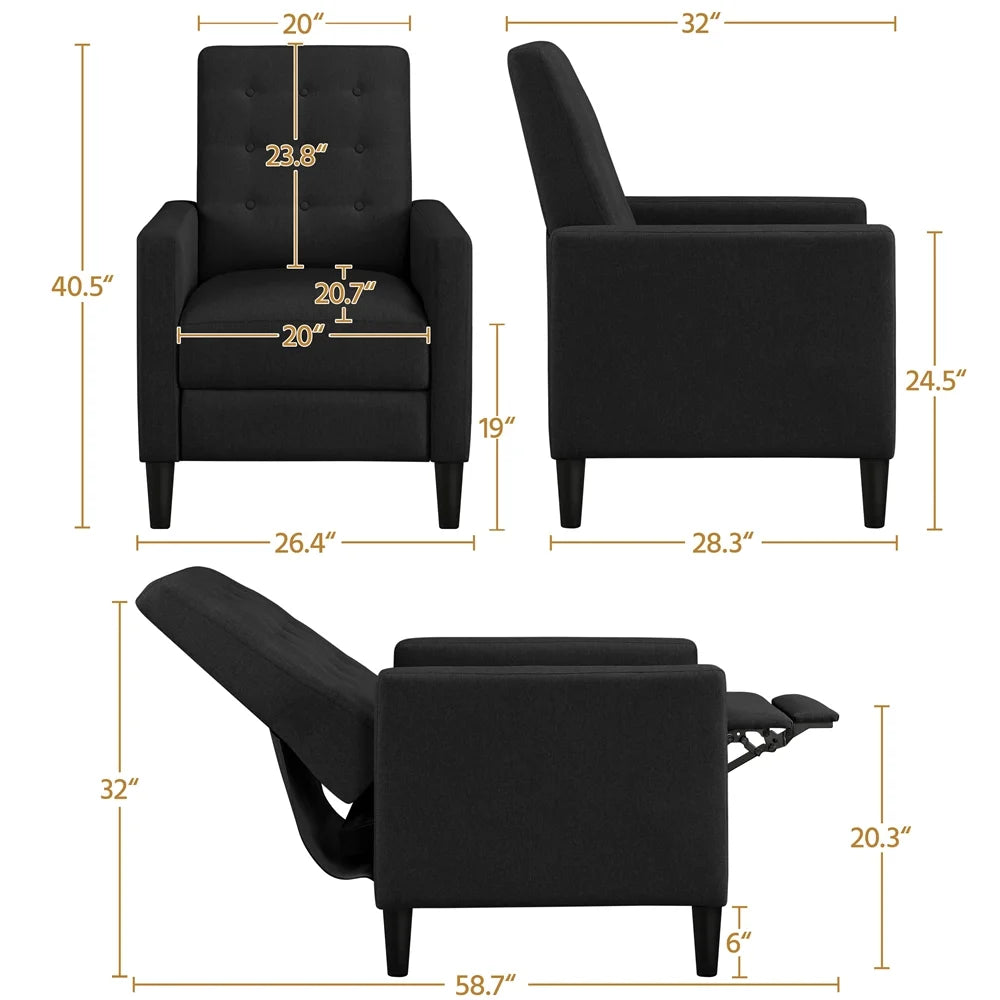 Black Fabric Tufted Recliner Chair with Adjustable Back & Footrest B9029