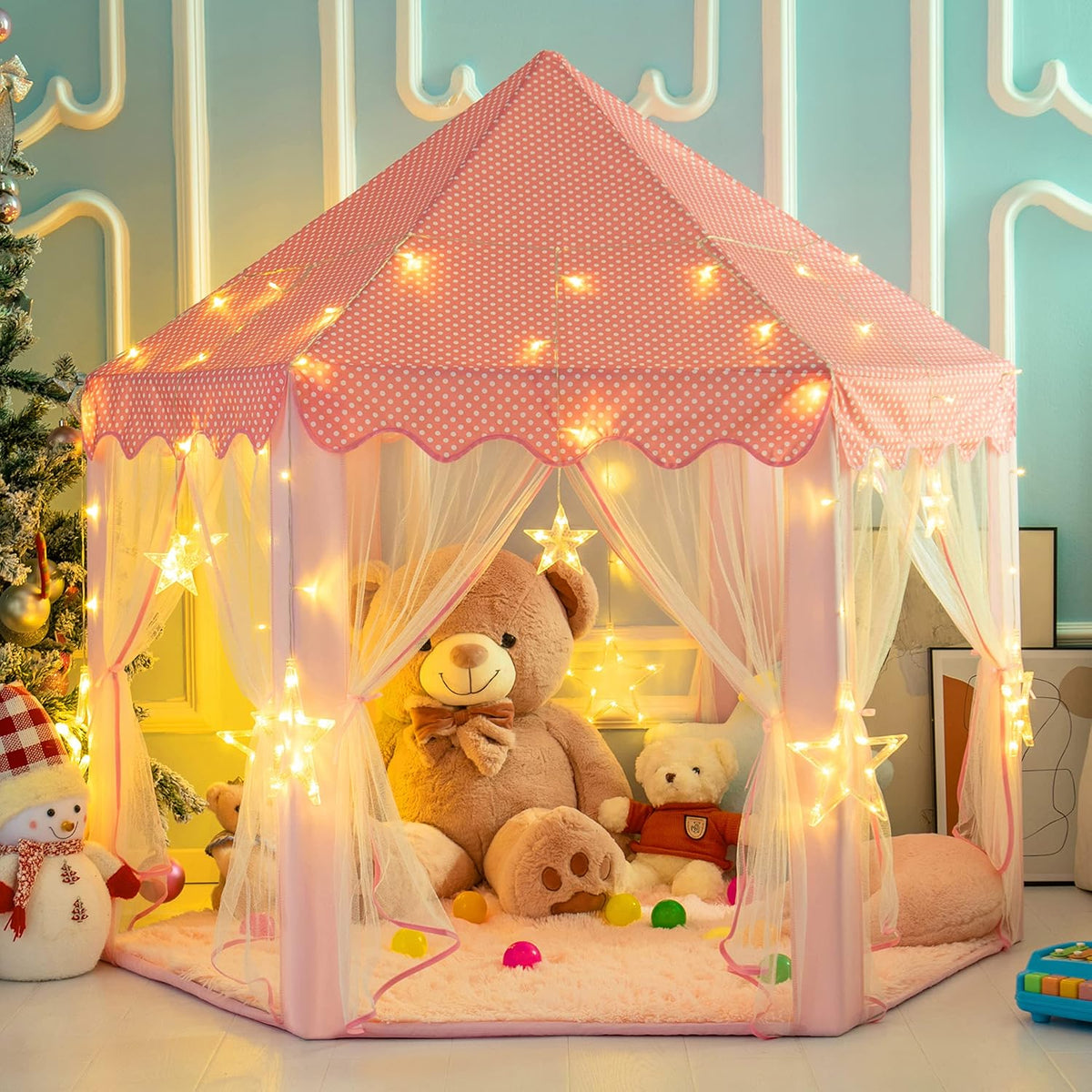 Princess Tent with Star Lights, 55 × 53 inches, Pink H28221