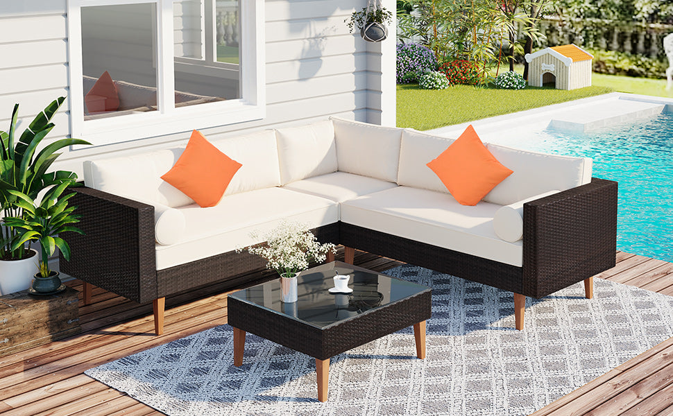 Beige Cushions Brown Rattan L-Shape Outdoor Wicker Sofa Set B361