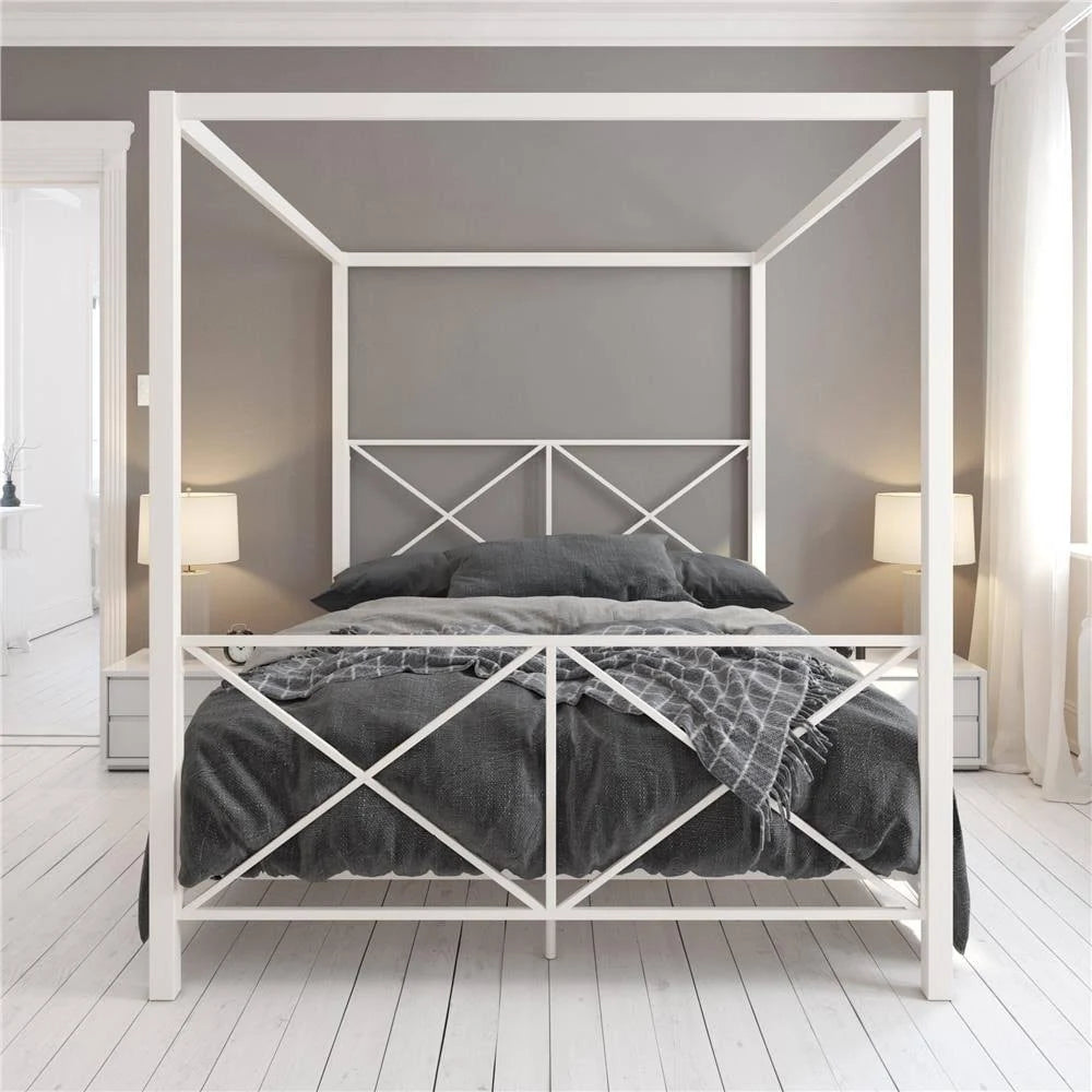 White Metal Canopy Bed Queen W304008