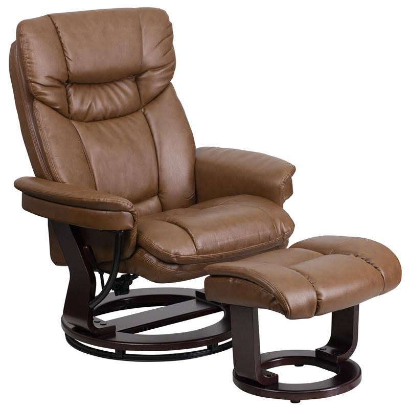 Palimino Leather Recliner and Ottoman with Swiveling Mahogany Wood Base Z472725