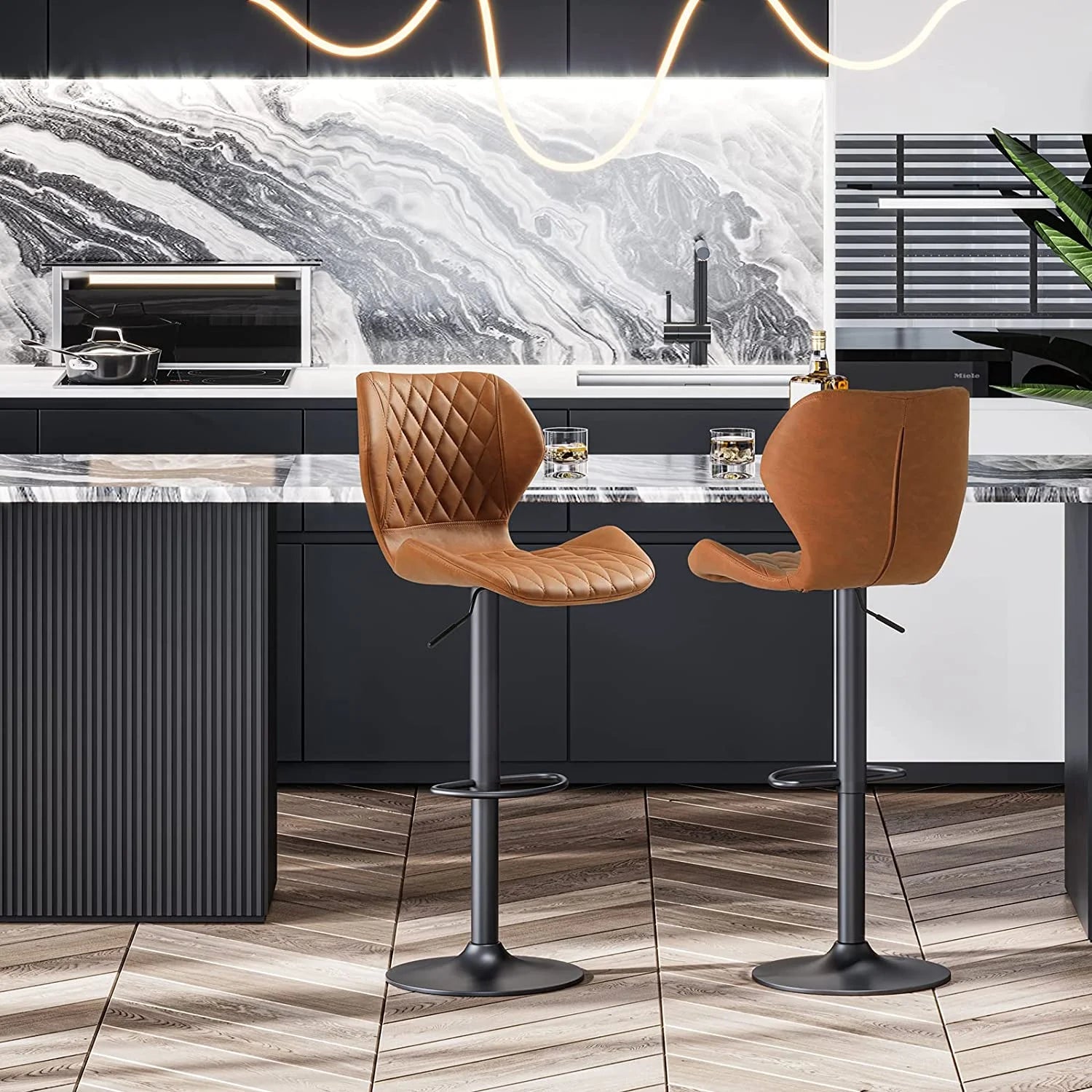 Set of 2 PU Leather Bar Stools Height Adjustable Bar Chairs Brown T631857