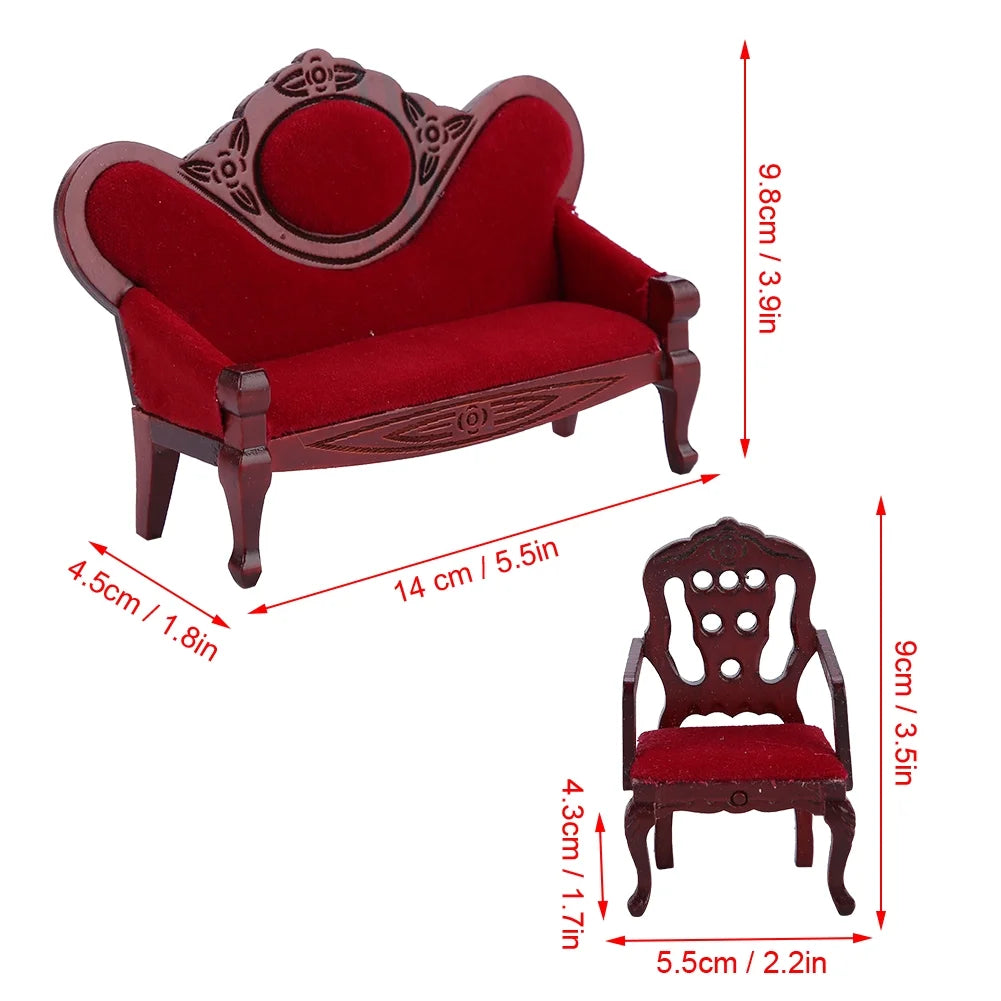Red Wooden Dollhouse Sofa Chair Set W99184