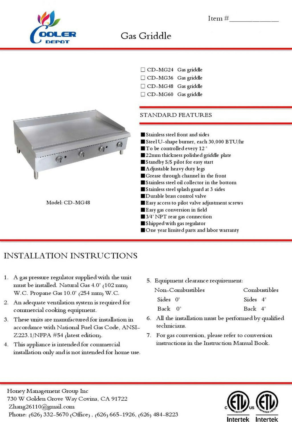 48 Manual Griddle NSF T23532