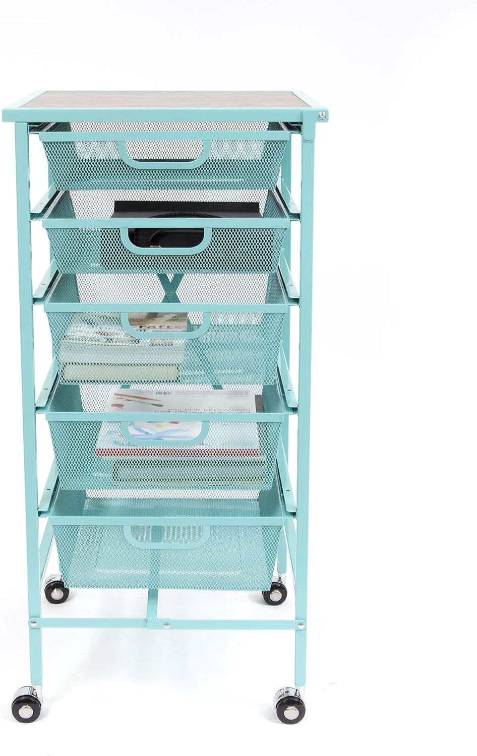 Turquoise Wheeled Folding Steel 5 Drawer Kitchen Cart Wood Top Y5684