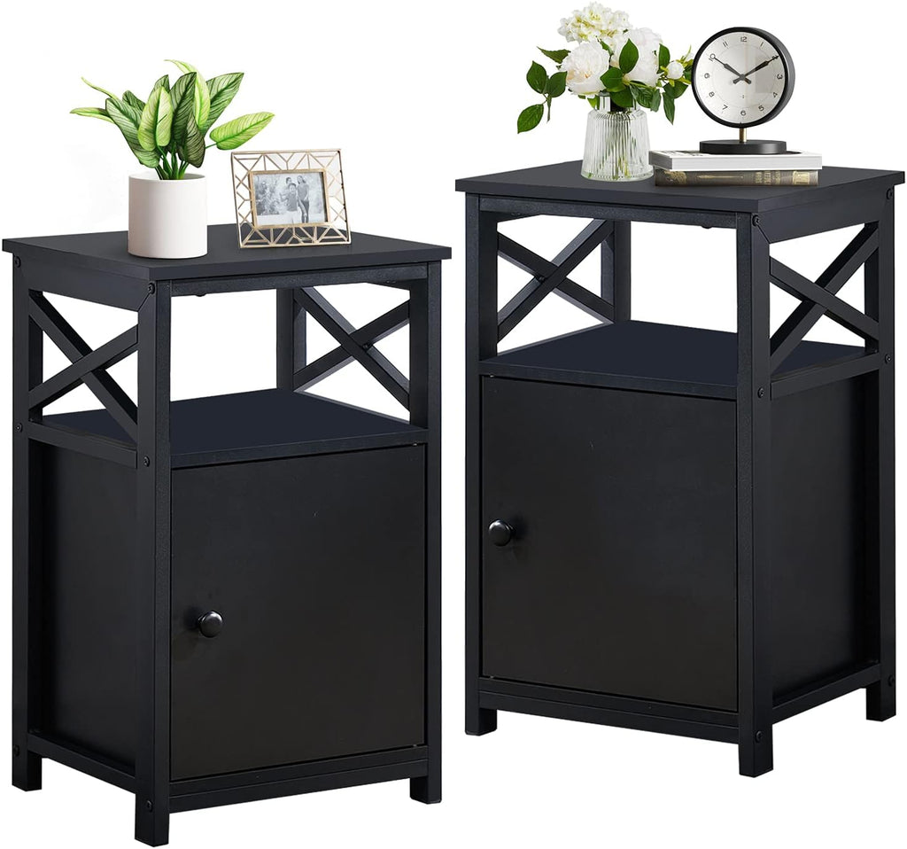 Antique Black Set of 2 End Side Table with Storage Cabinet N20975