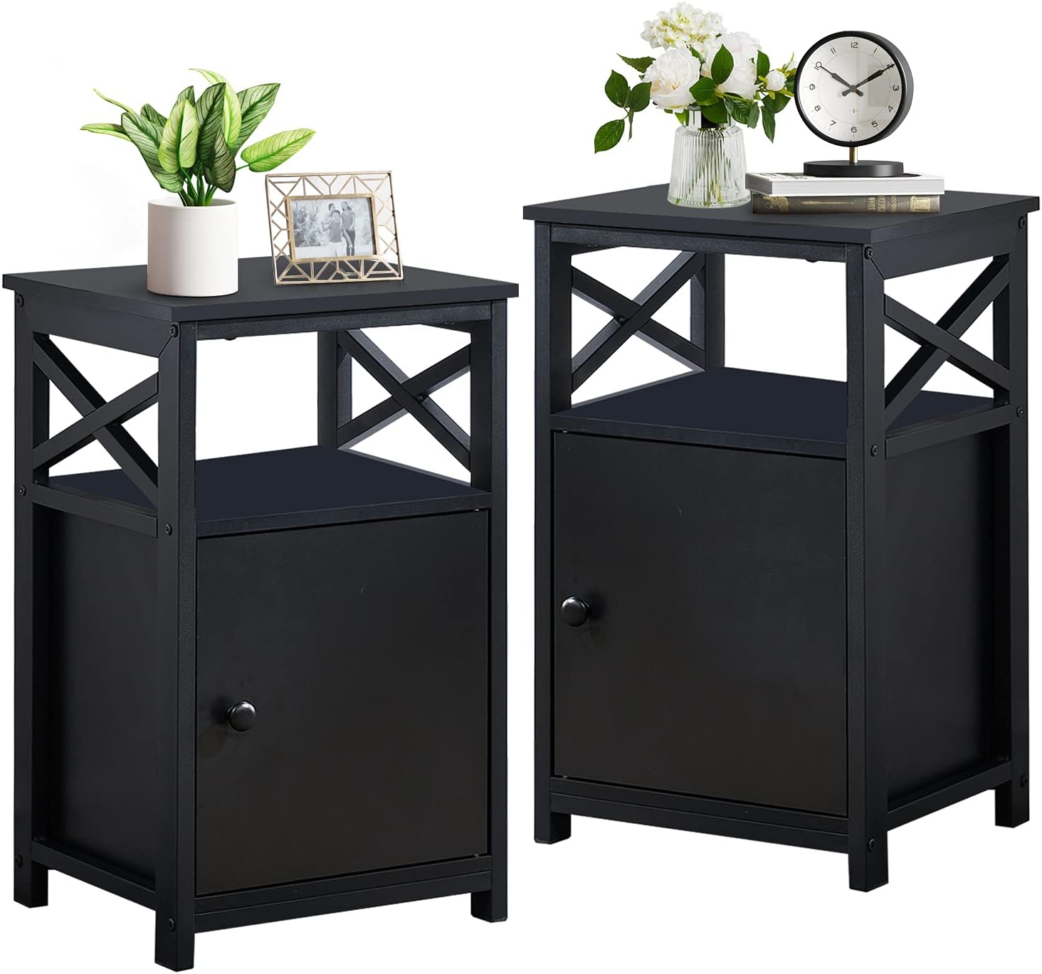 Antique Black Set of 2 End Side Table with Storage Cabinet N20975