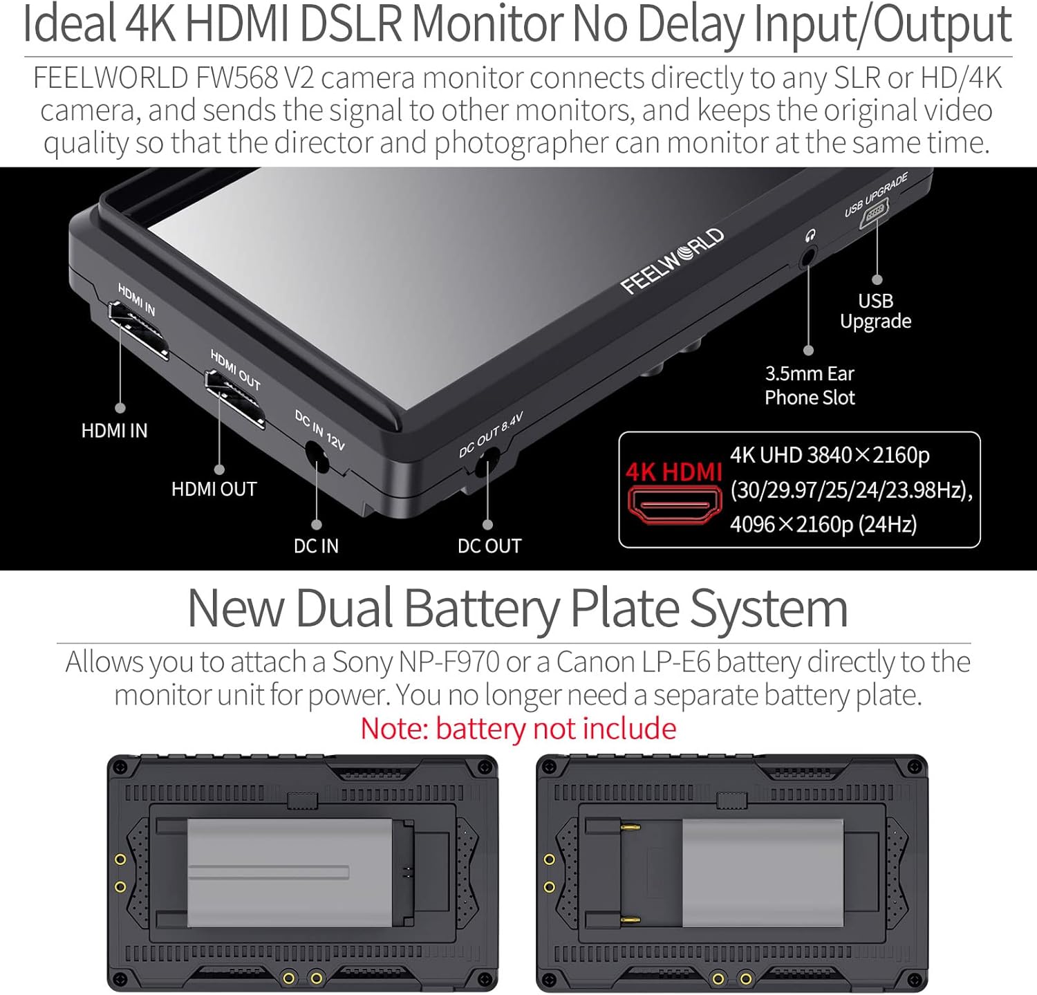 5.5 Inch 4k HDMI Camera Field Monitor with Sunshade and Tilt Arm Mount Z643