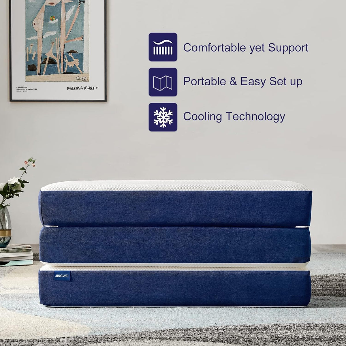 Tri-fold Memory Foam Mattress Topper with Washable Cover, Small Twin Size V677