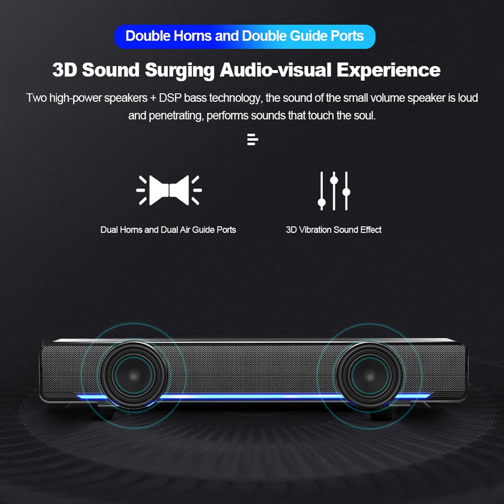 USB Wired Computer Speaker Bar Stereo Subwoofer with 3.5mm Audio Input E6484