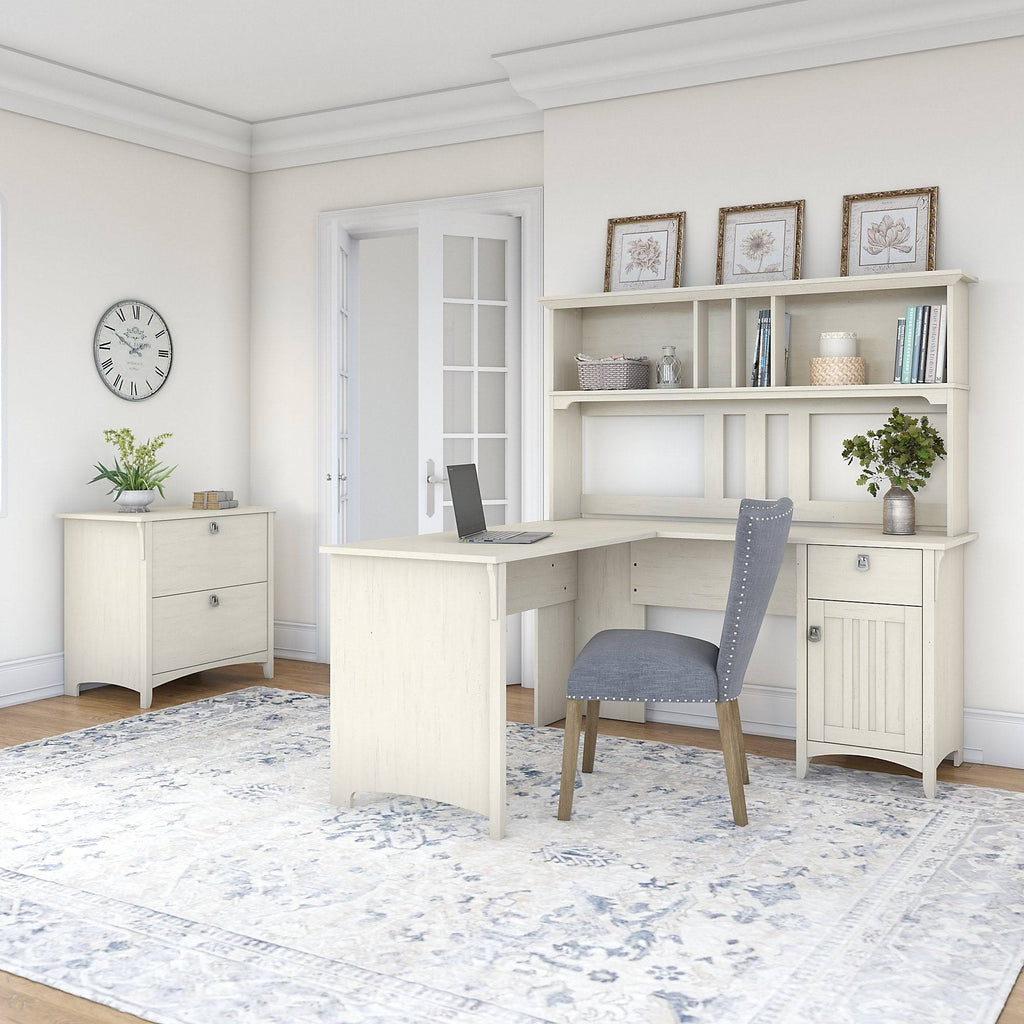White L-Shaped Desk with Hutch and Lateral File Cabinet R877051