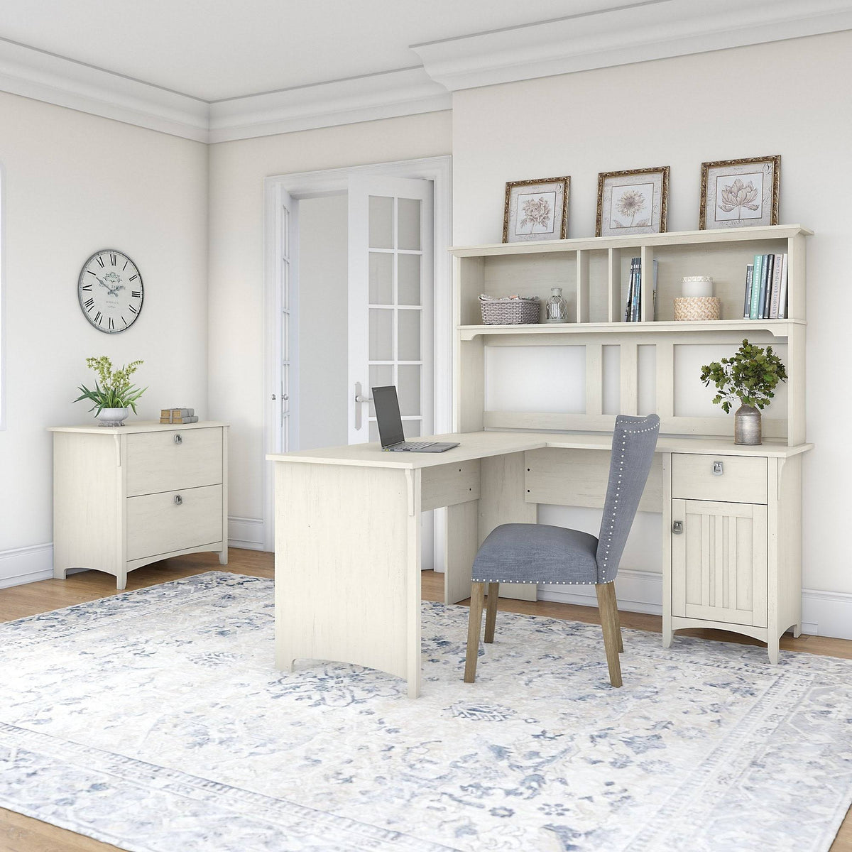 White L-Shaped Desk with Hutch and Lateral File Cabinet R877051