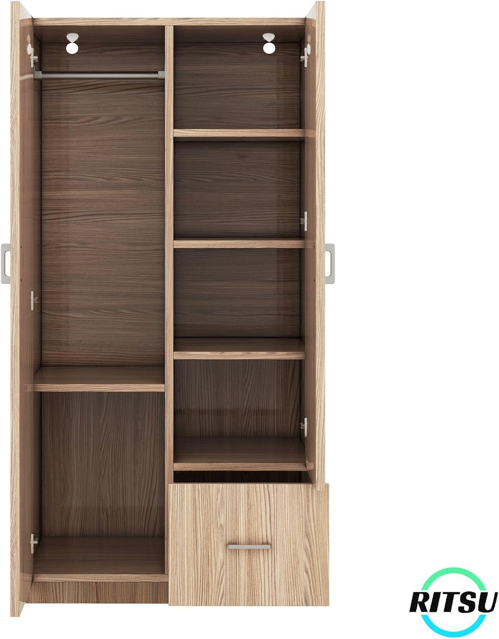 Natural Wooden Armoire Wardrobe with 2 Doors, 1 Drawer, 5 Open Shelves and Hanging Rod B339