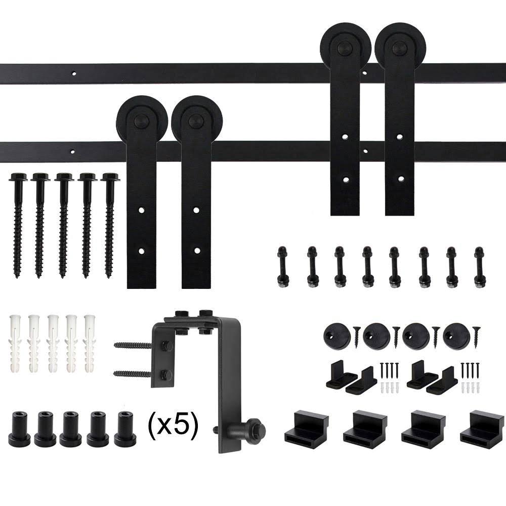 Black Bypass Sliding Barn Hardware Track Kit for Double Wood Doors T430021