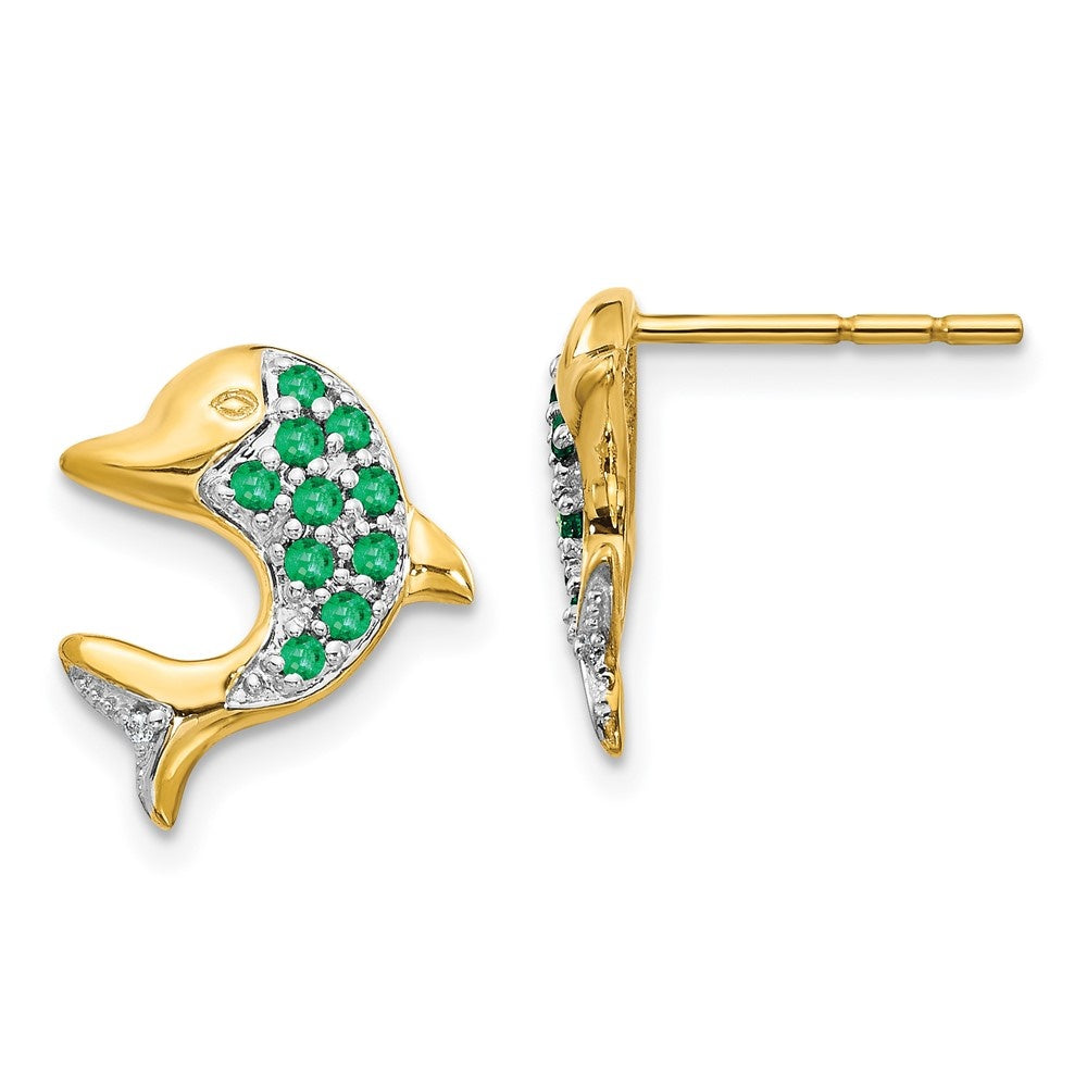 14k Yellow Gold Rhodium Marquise Emerald and Diamond Dolphin Stud Earrings A876