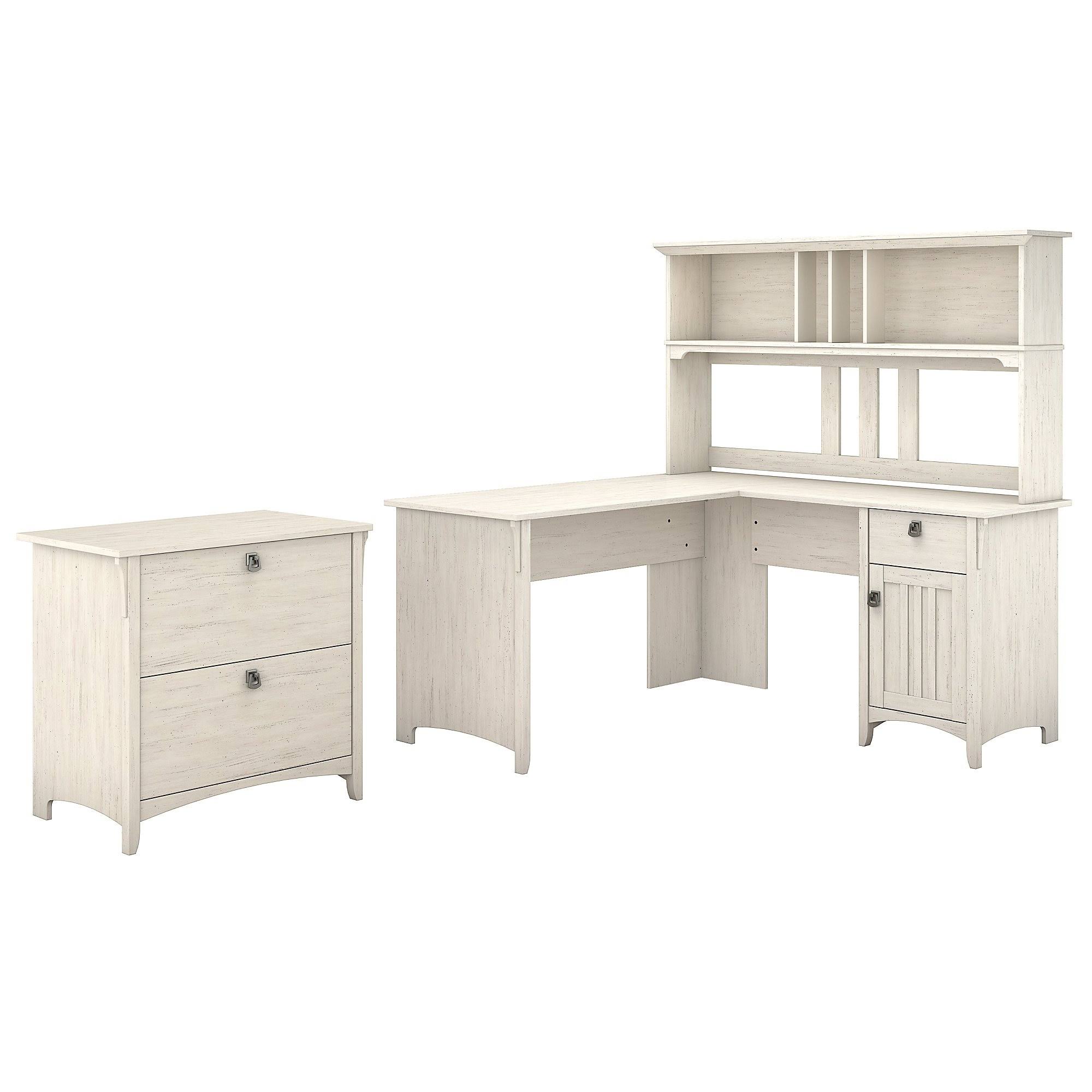 White L-Shaped Desk with Hutch and Lateral File Cabinet R877051