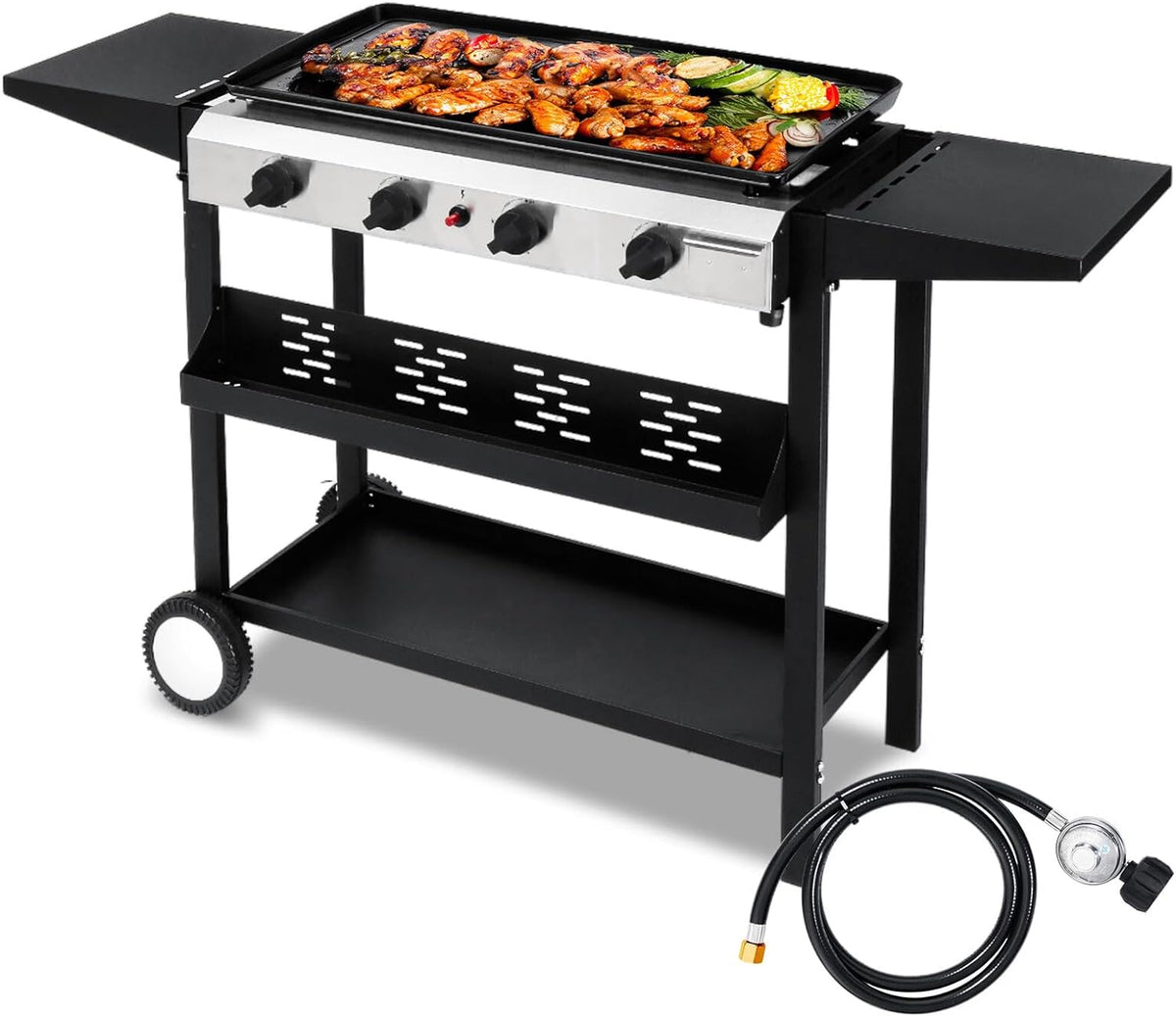 4 Burner Portable Propane Griddle with Electronic Ignition, 20000 BTU Flat Top Gas Grill with Nonstick Enameled Tray Q827