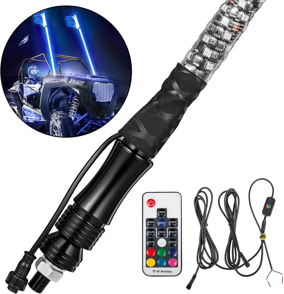 2PC 5FT 360° Spiral LED Whip Lights RGB Color Lighted Whips Antenna Weatherproof RF Wireless Remote R367121