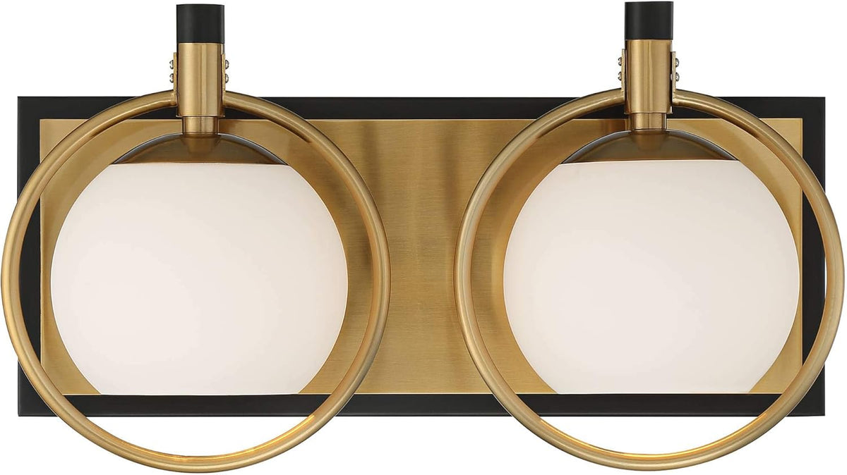 Modern Art Deco 2-Light Wall Light Sconce Warm Brass Black Hardwired Milky White Globe Glass L946