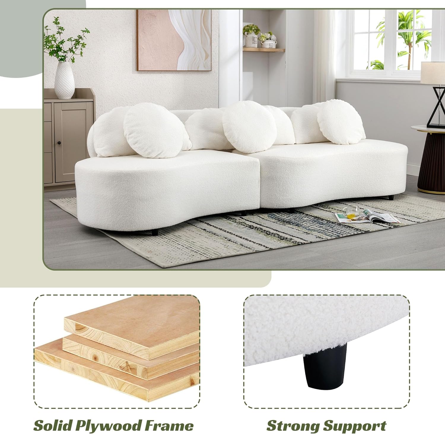 Curved Upholstered Sofa with 3 Pillows L39072