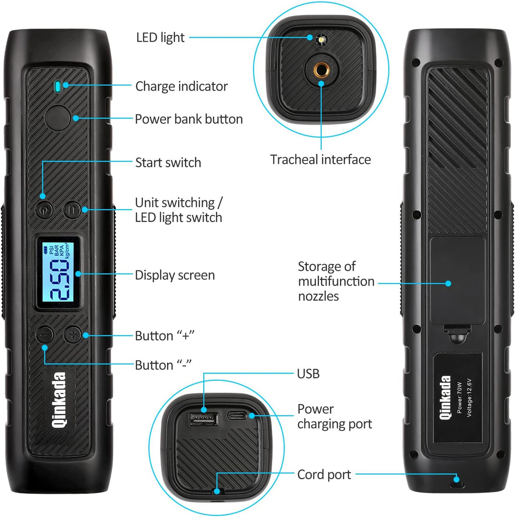 Portable Tire Inflator Air Compressor Pump 4500mAh Rechargeable Li-ion Battery with LED Light M94969
