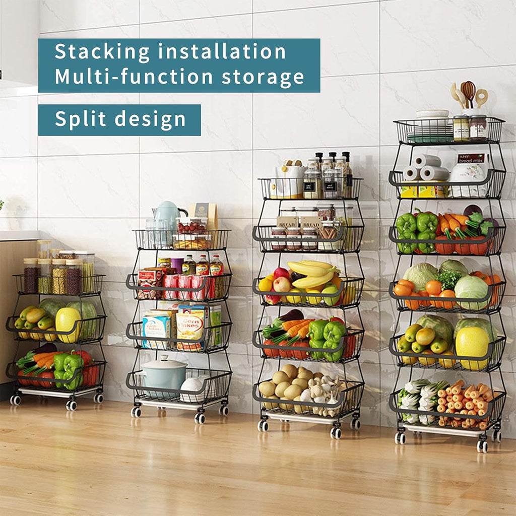 Black Iron Wire Stackable 5-Tier Kitchen Storage Baskets with Wheels and Feet Y803004