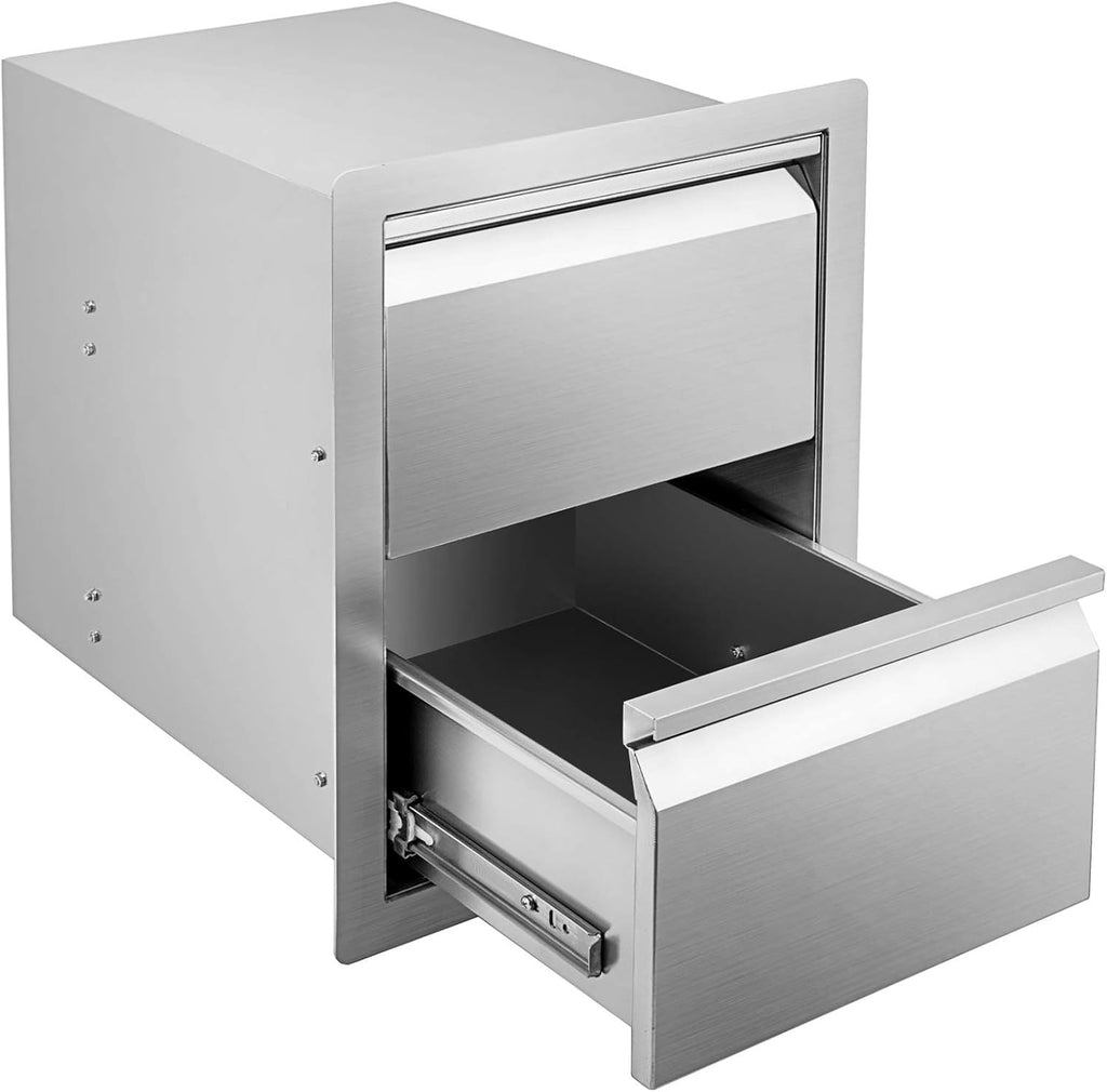 Stainless Steel Double Access BBQ Drawers Box Frame Style Flush Mount Outdoor Kitchen Storage Double Drawers P943906