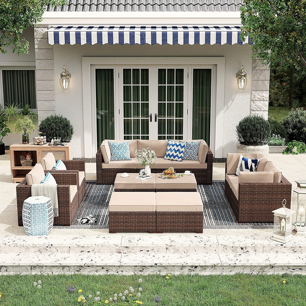 2-Piece Patio Furniture Sofa Set, Outdoor Sectional Sofa, Brown PE Wicker Rattan Conversation Set, Outdoor Loveseat, Beige Cushion A549978