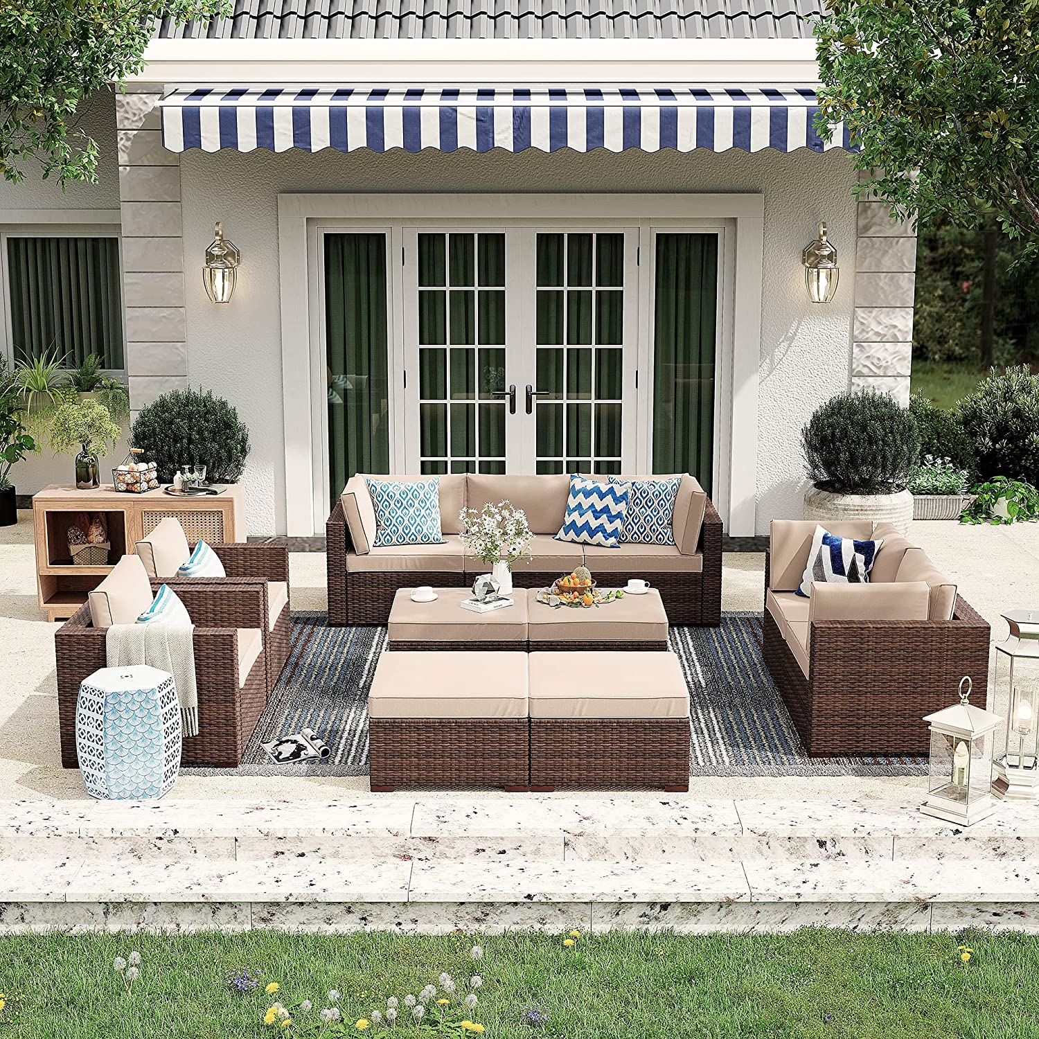2-Piece Patio Furniture Sofa Set, Outdoor Sectional Sofa, Brown PE Wicker Rattan Conversation Set, Outdoor Loveseat, Beige Cushion A549978