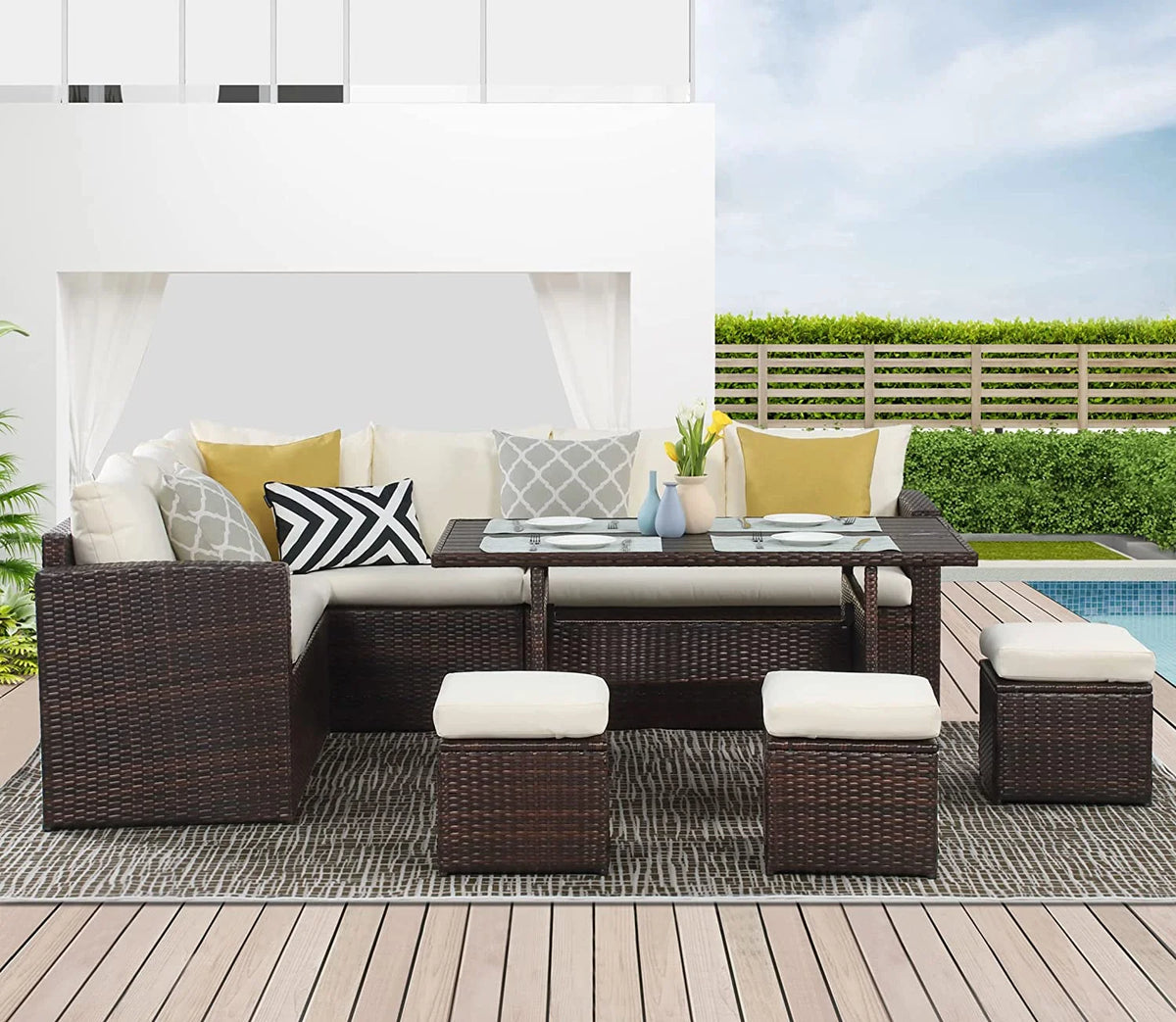 Ivory 7 Piece Outdoor Wicker Dining Sectional Sofa with Ottoman J9621