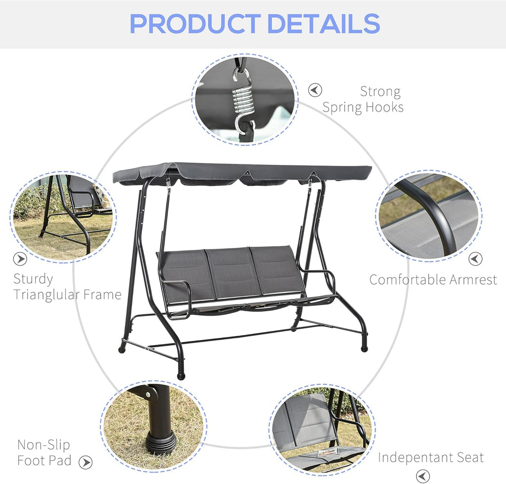 3-Seater Porch Swing Chair with Adjustable Canopy B22917