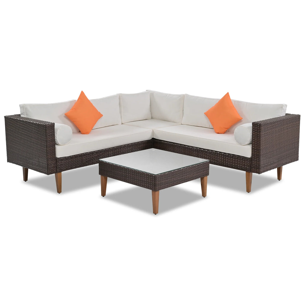 Beige Cushions Brown Rattan L-Shape Outdoor Wicker Sofa Set B361