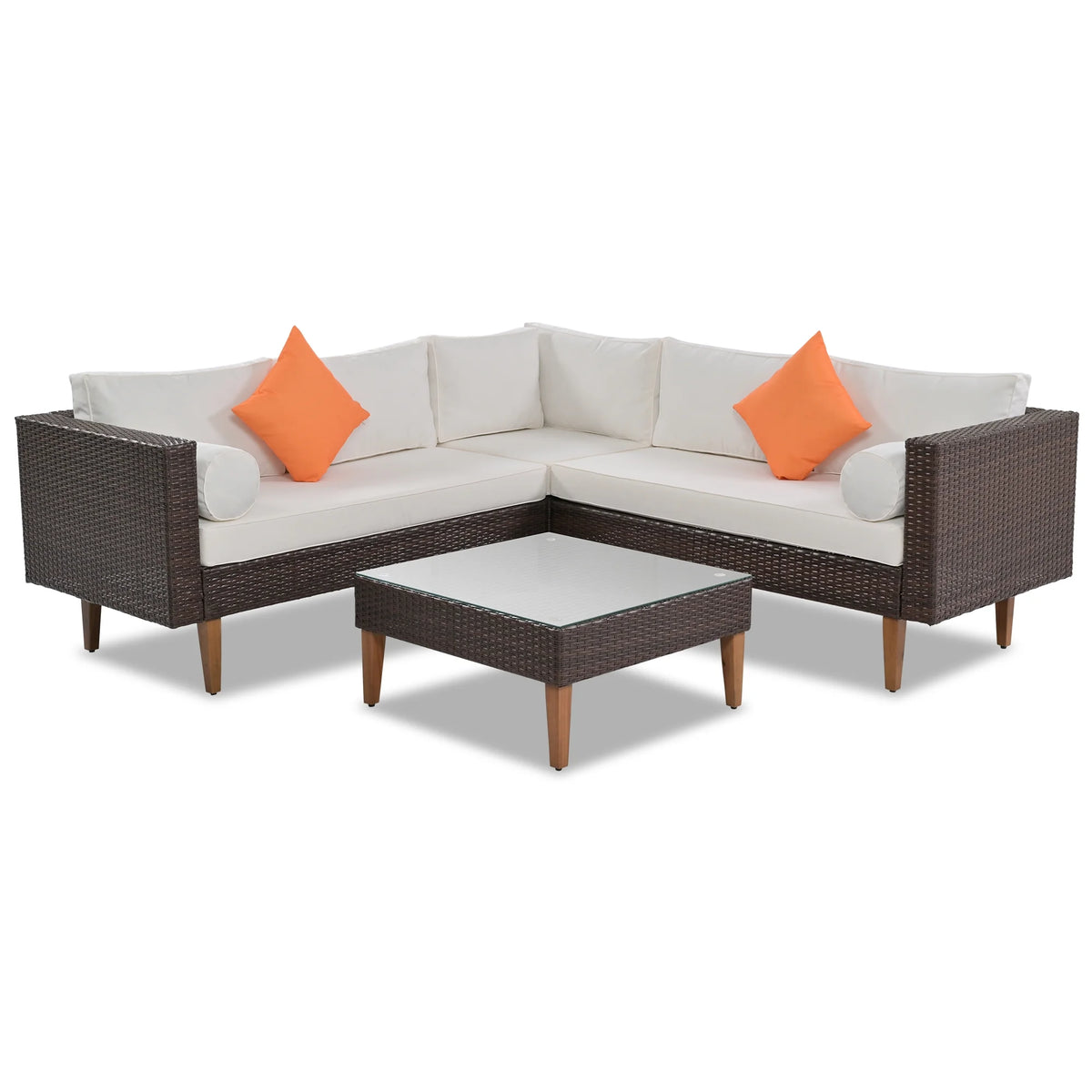 Beige Cushions Brown Rattan L-Shape Outdoor Wicker Sofa Set B361