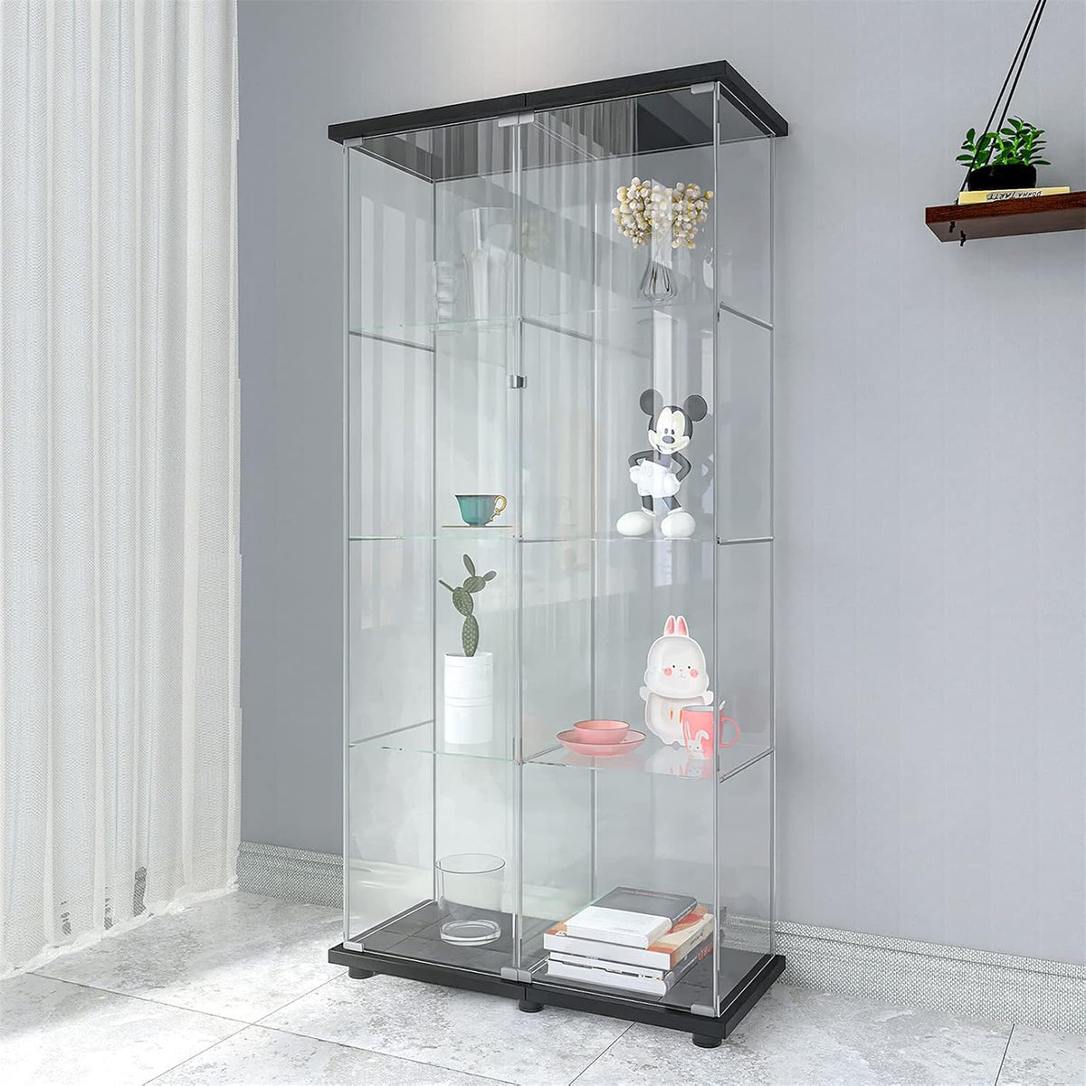 Black 4-Shelf Glass Display Cabinet with Door L232