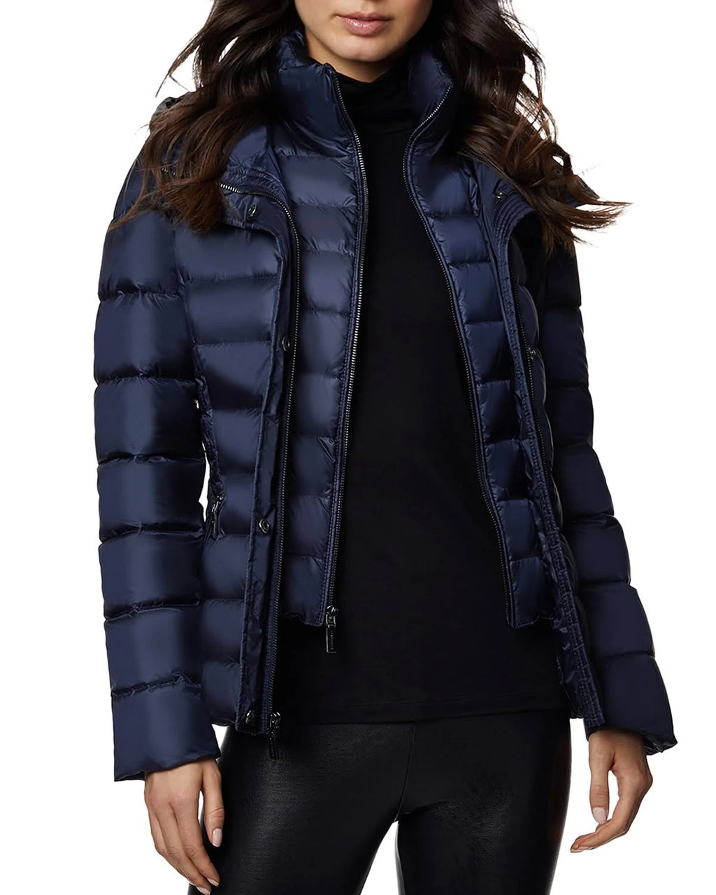 Blue Fitted Puffer Coat with Fox Fur Collar T621