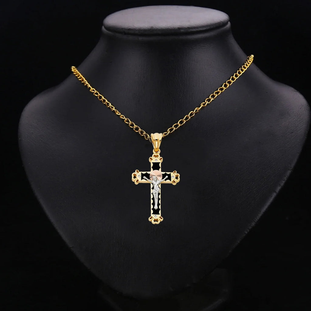 14K Tri Color Gold Cubic Zirconia Religious Crucifix Charm Pendant, 37 x 25 MM, 6.4 grams F6347
