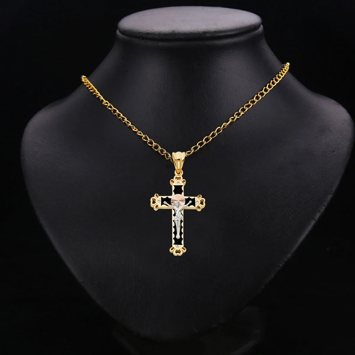 14K Tri Color Gold Cubic Zirconia Religious Crucifix Charm Pendant, 37 x 25 MM, 6.4 grams F6347