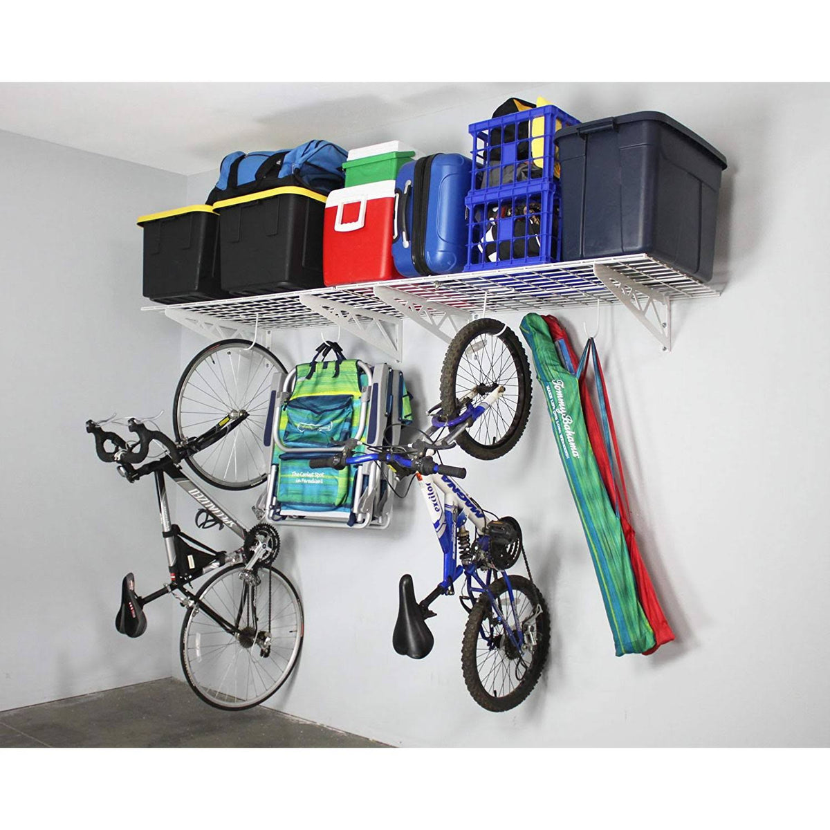 White 24 x 48 inch Garage Wall Shelf Two-Pack with Bike Tire Hooks W397541