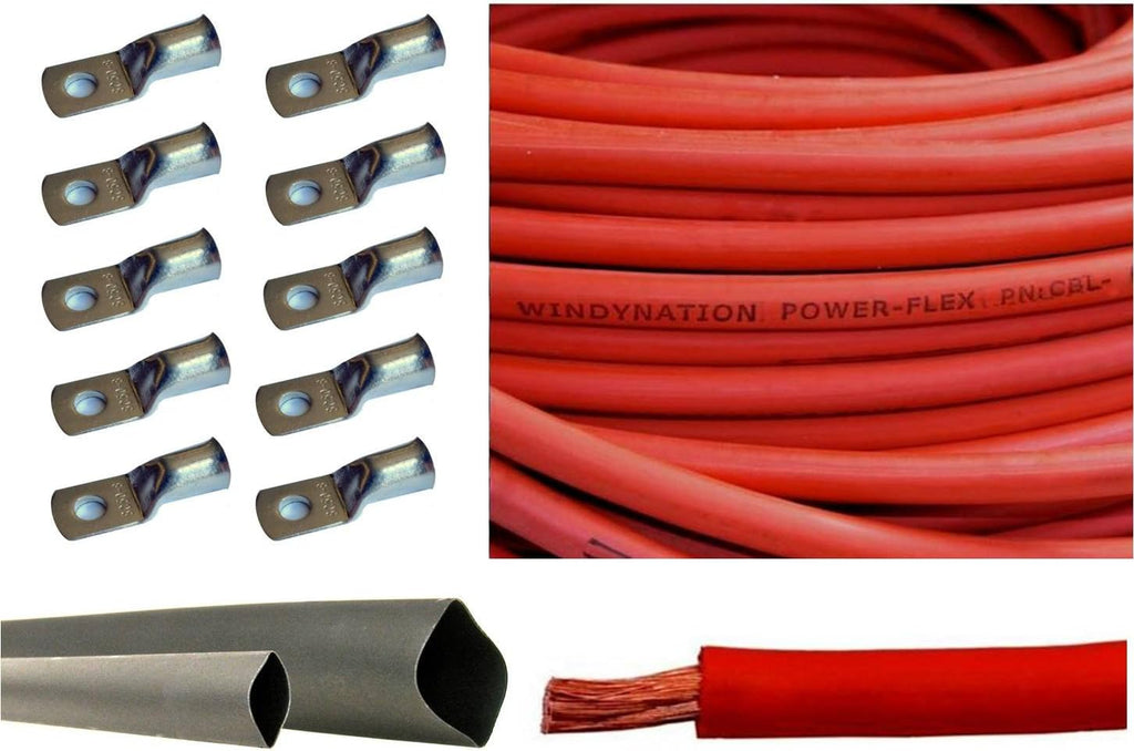 2 Gauge 5 Feet Red + 5 Feet Black Pure Copper Flexible Cable with 10pcs 3/8 Tinned Copper Lug Terminals and 3 Feet Heat Shrink Tubing Q8477