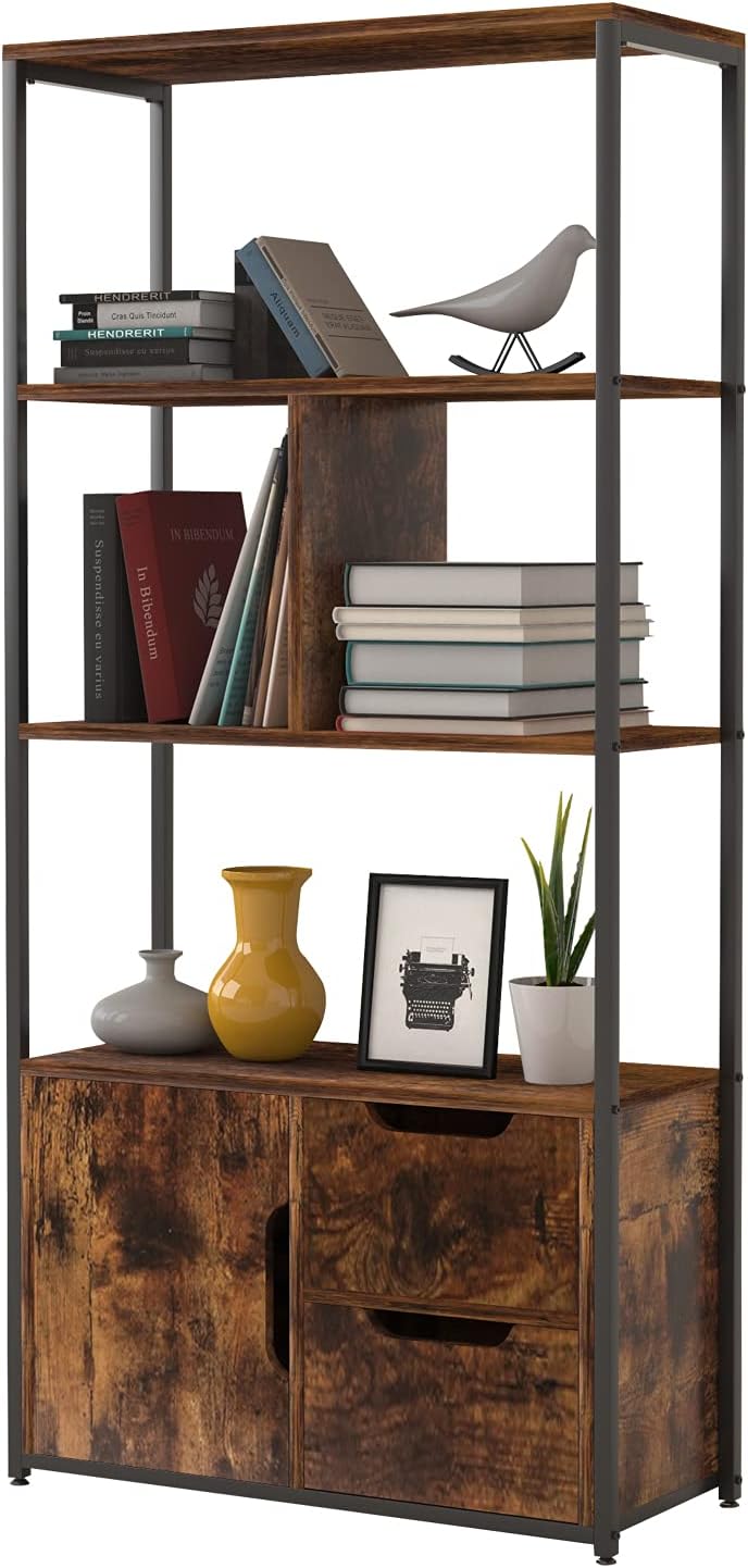 Industrial 5 Tier Bookshelf with 2 Drawers and Cabinet, Rustic Brown M132684