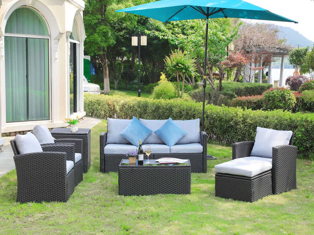 Grey 9 Pcs Outdoor Patio Furniture Set Wicker Sectional Sofa with Storage Box, Coffee Table, Ottoman H58335