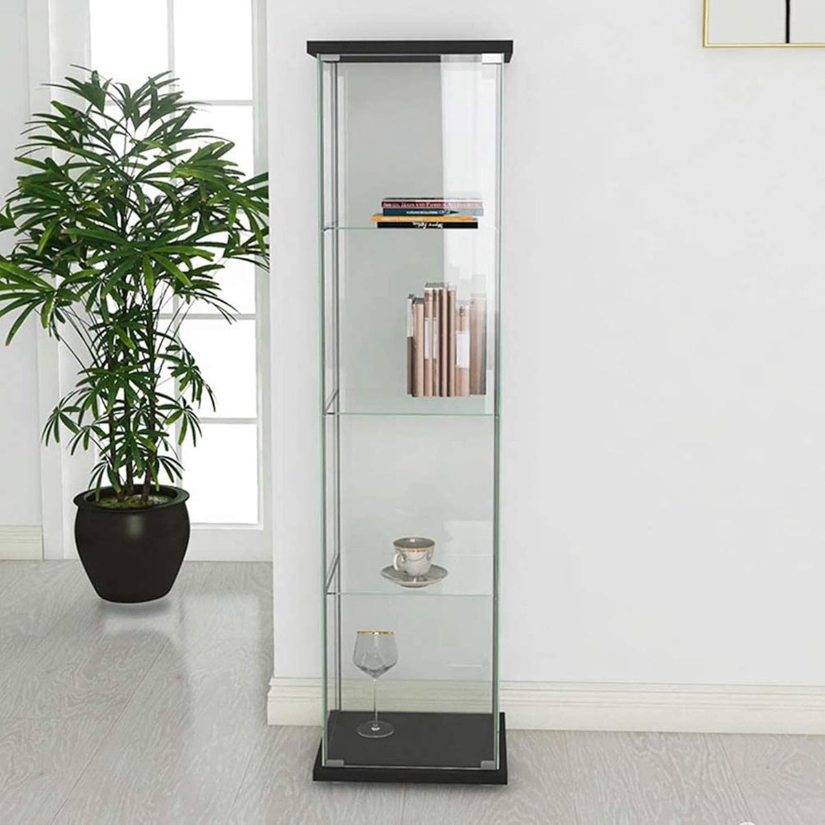 Black 4-Shelf Glass Display Cabinet with Door L232