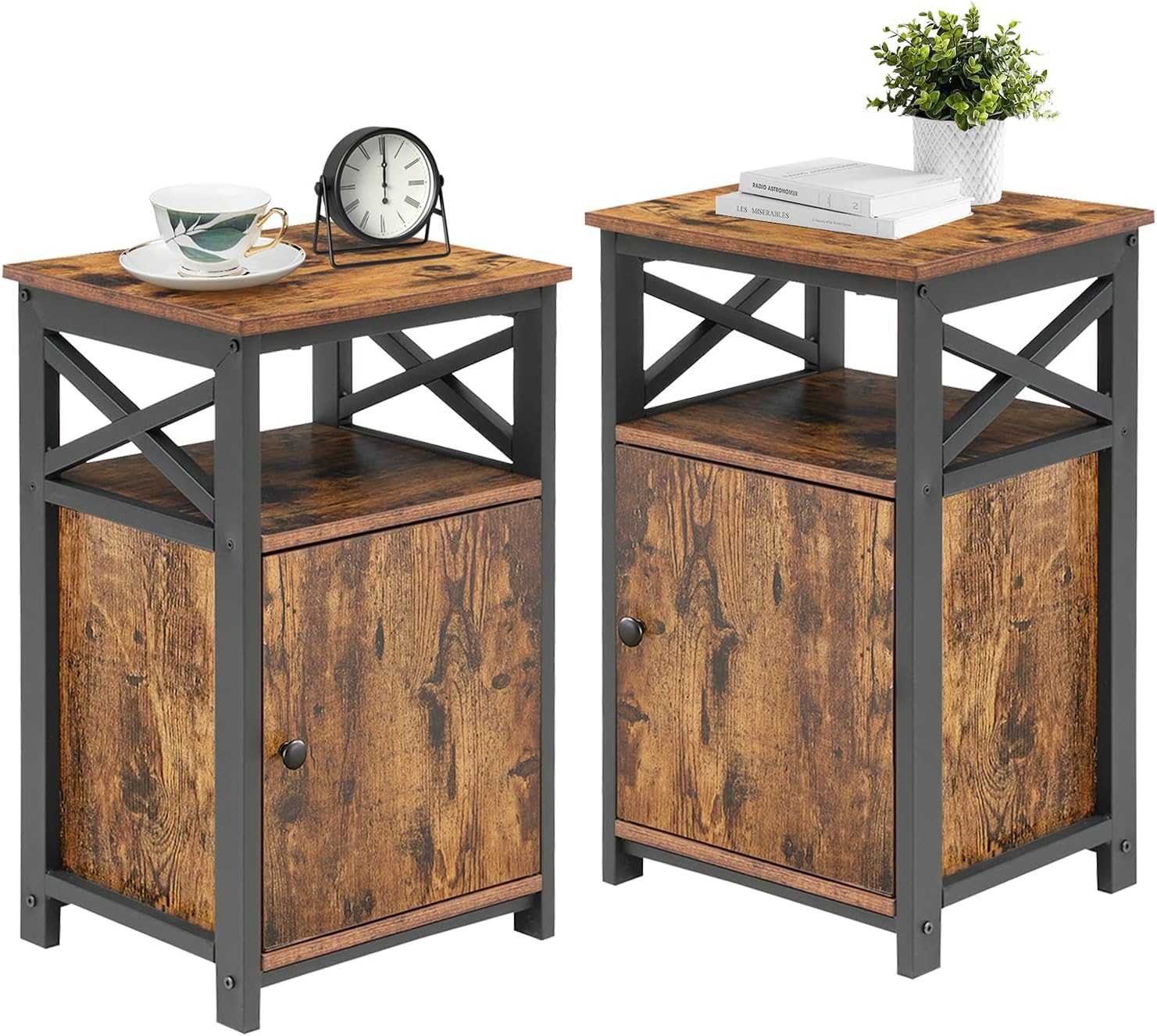 Antique Black Set of 2 End Side Table with Storage Cabinet N20975