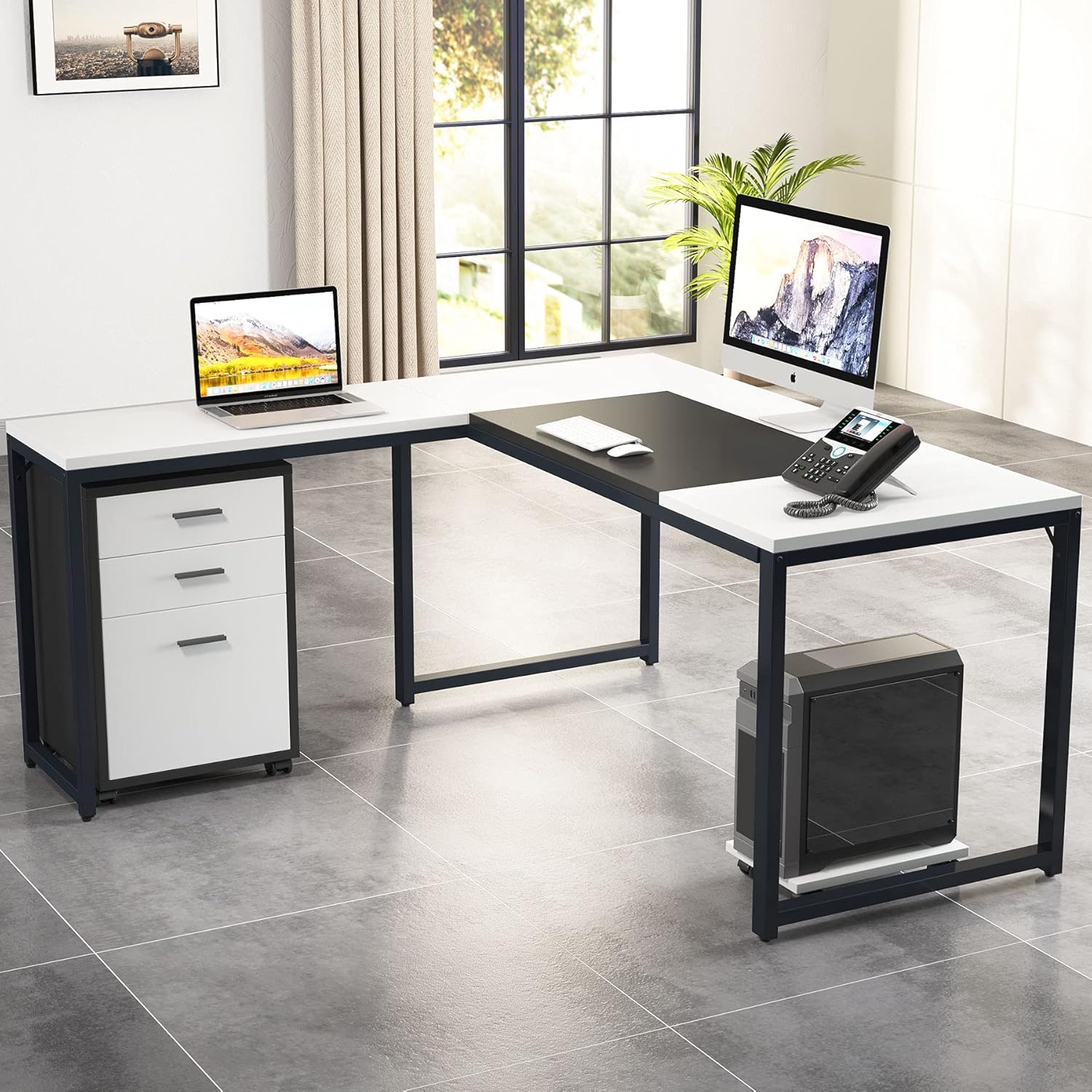 L-Shaped Computer Desk with File Cabinet, 3 Drawer Mobile Filing Cabinet W335