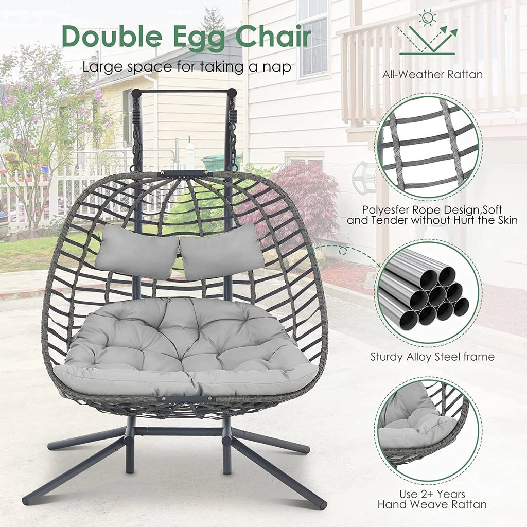 Light Grey 2 Person Hanging Wicker Egg Chair with Stand K72402